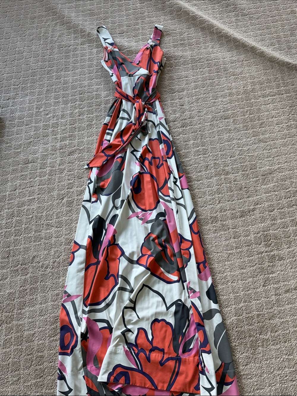 Floral V-Neck White Maxi Dress with Pink & Red Print